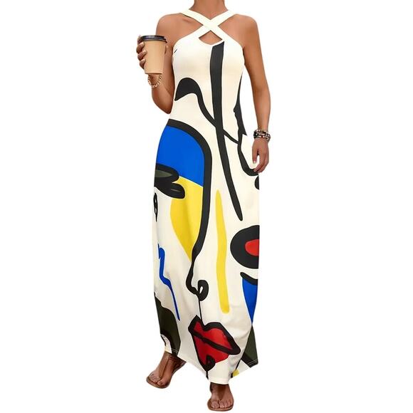Boutique Halter Maxi Dress XS White Abstract Face Print Art To Wear Beach Resort - Picture 1 of 12